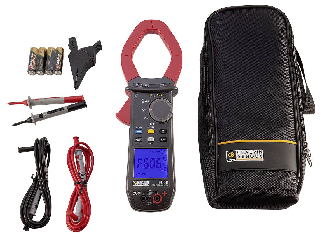 Clamp Meter Set with measuring device, batteries, cables and carry case, suitable for electrical measurements.