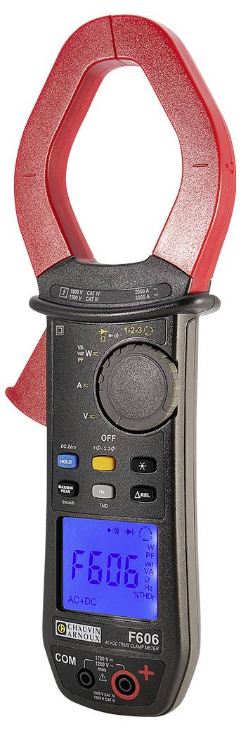 Digital clamp meter with red clamp and blue backlit display. Shows AC value with additional control buttons.