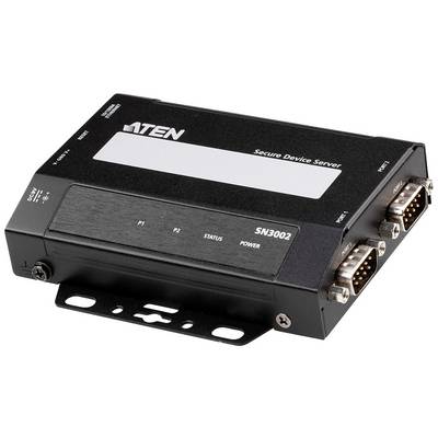 A black Secure Device Server with the model number SN3002. On the left are status LEDs; on the right are two serial ports.