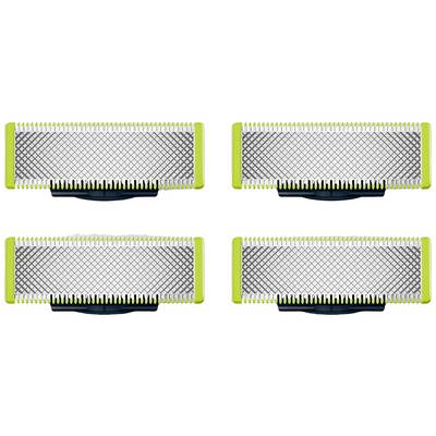 Four razor blades with green frames arranged in two rows.