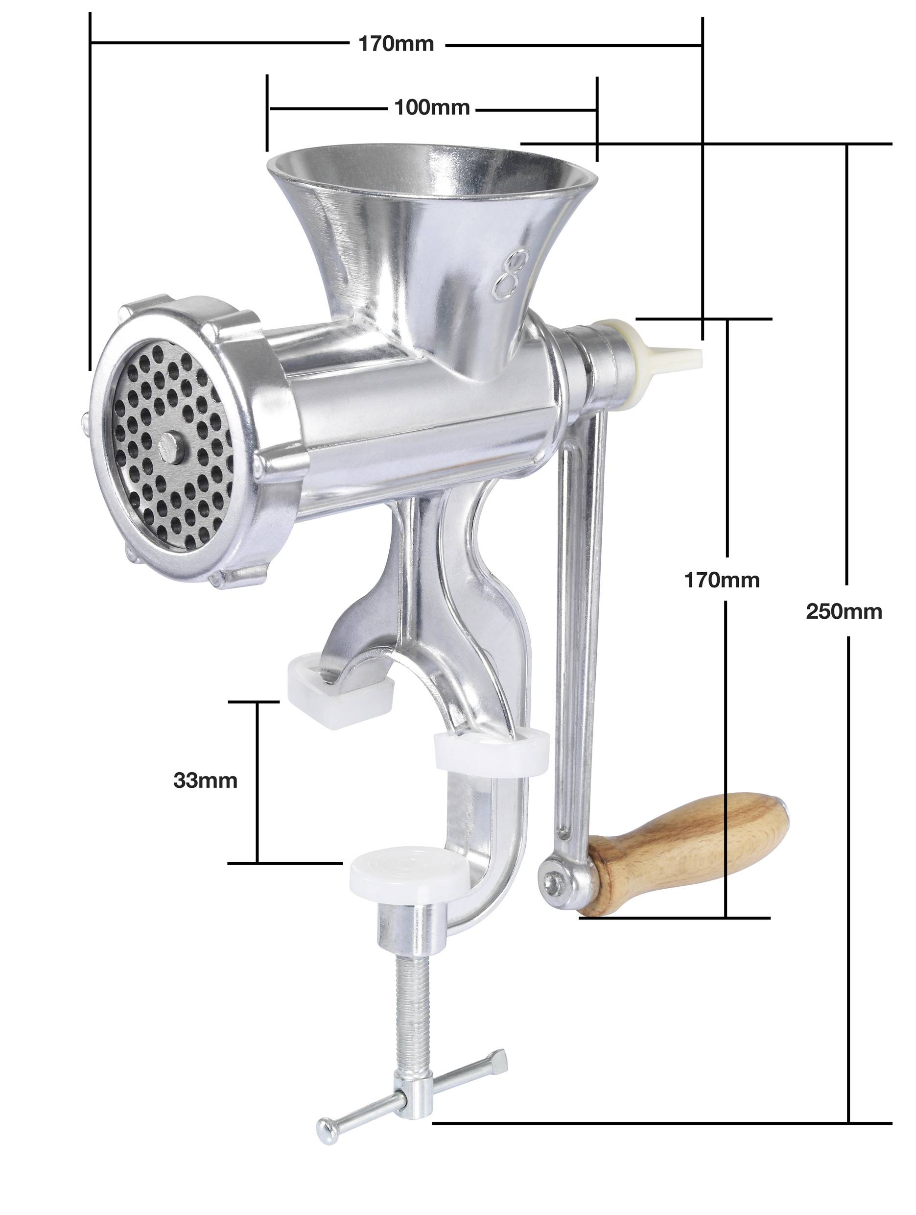 Metal manual meat mincer with wooden handle. Dimensions: Height 250 mm, wide opening 170 mm, clamping depth 33 mm.