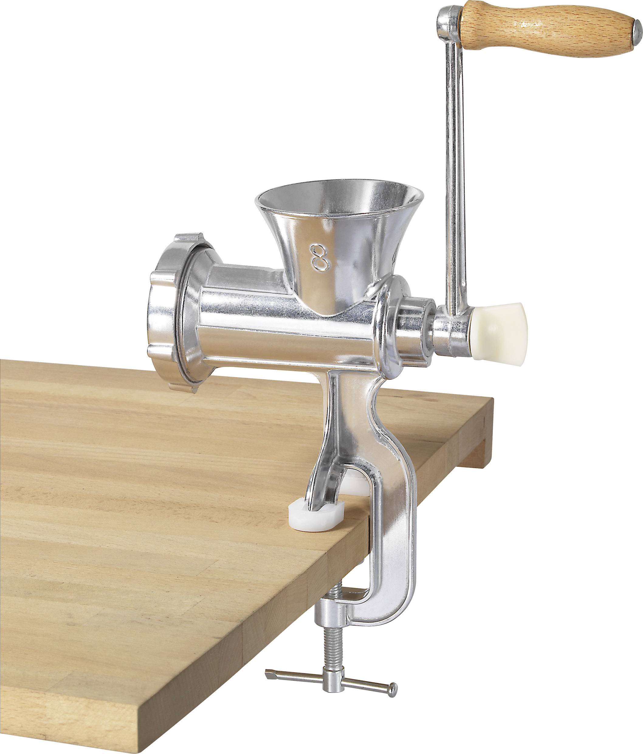 'Manual meat mincer, made of metal, with a wooden handle, attached to a wooden surface.'