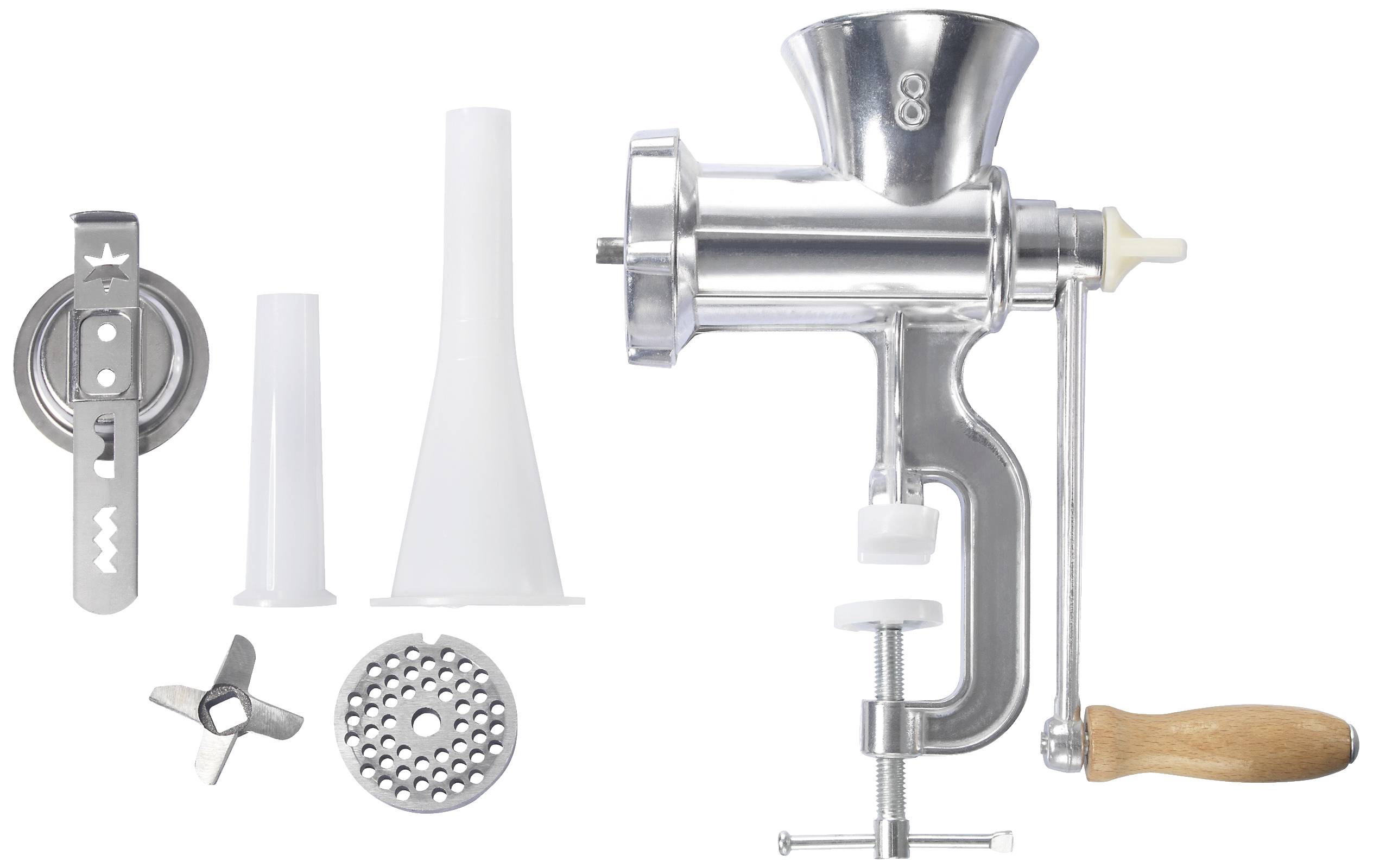 Hand-operated metal meat mincer with a wooden handle, pictured with various attachments and a funnel.