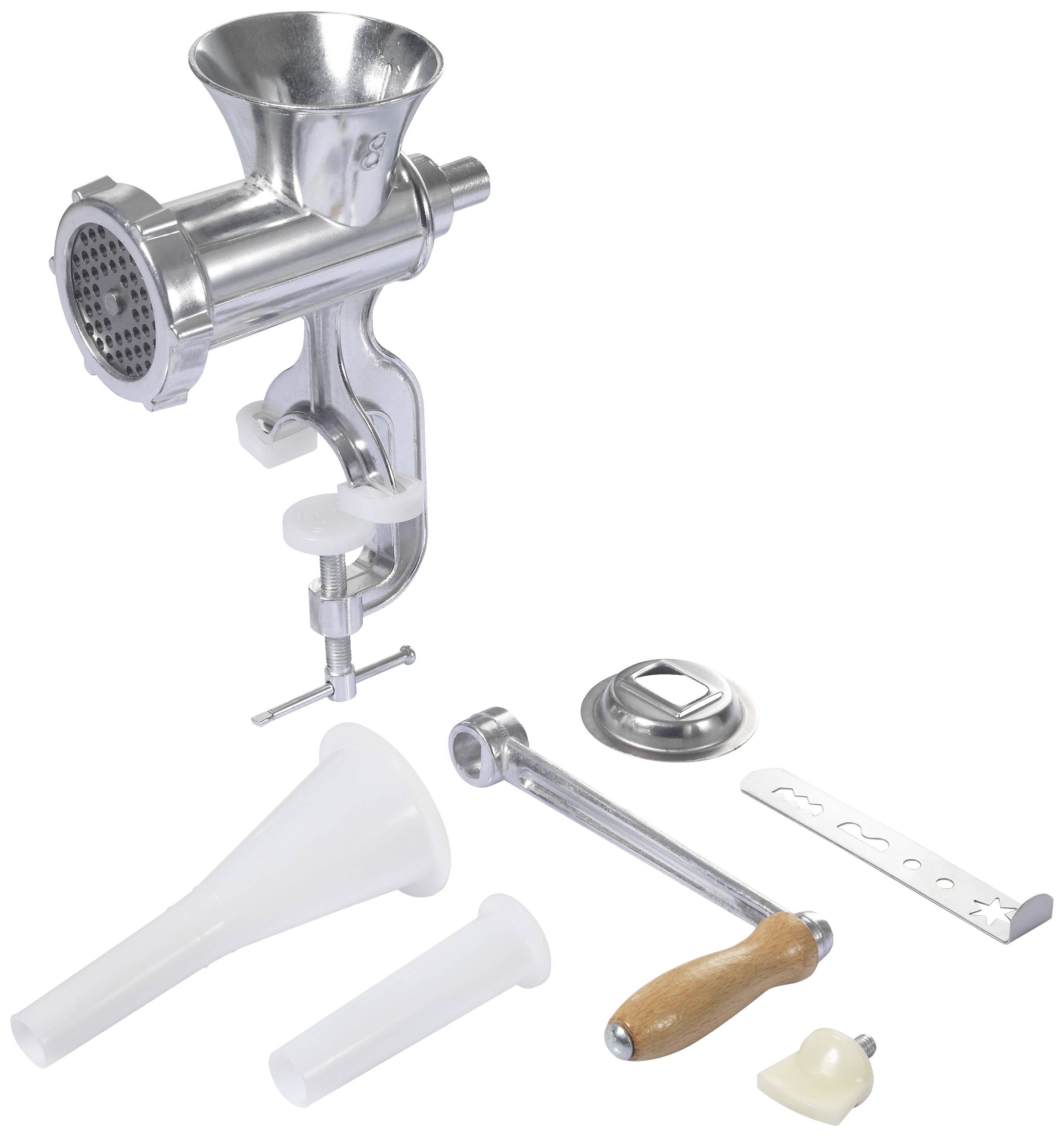 Manual metal meat mincer with hand crank, sieve insert, and additional accessories for attaching and using on tables.
