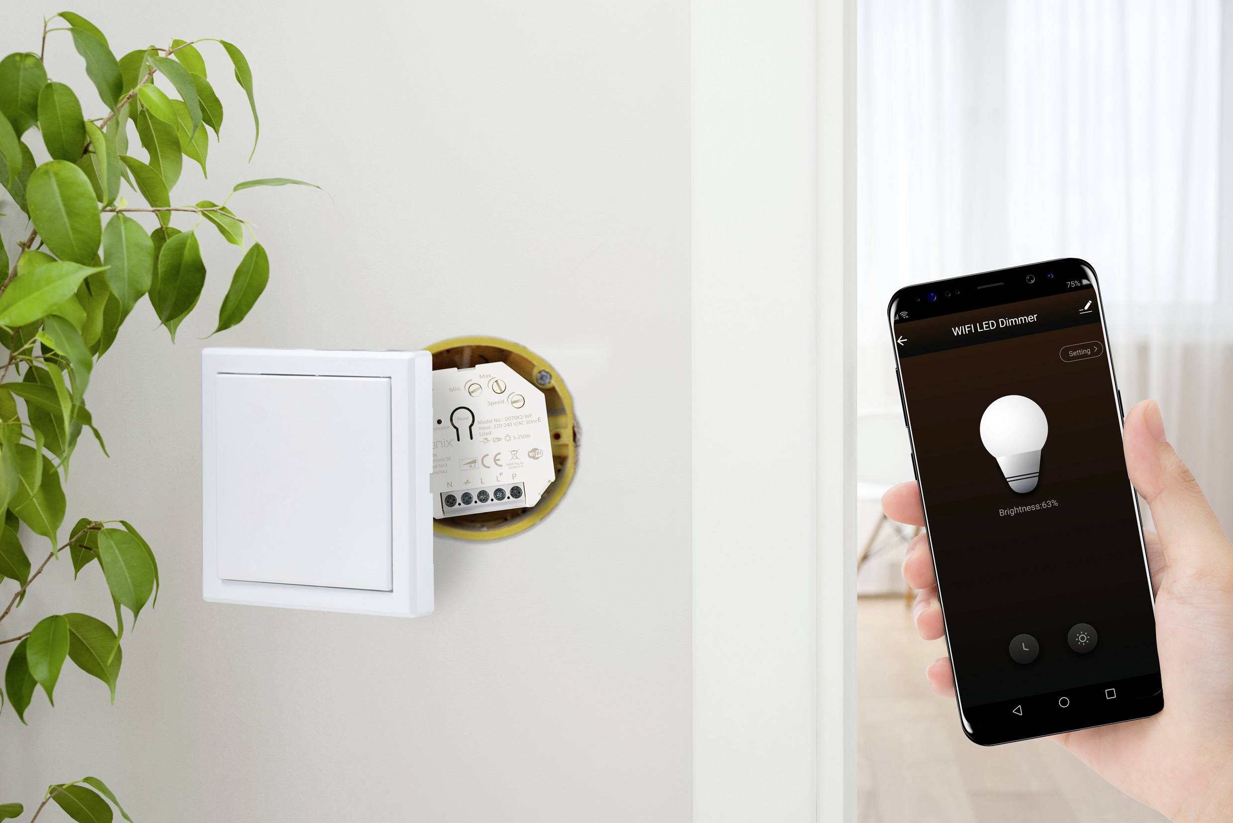 A smartphone wirelessly controls a smart home light dimmer on the wall. An electrical switch box is partially open.