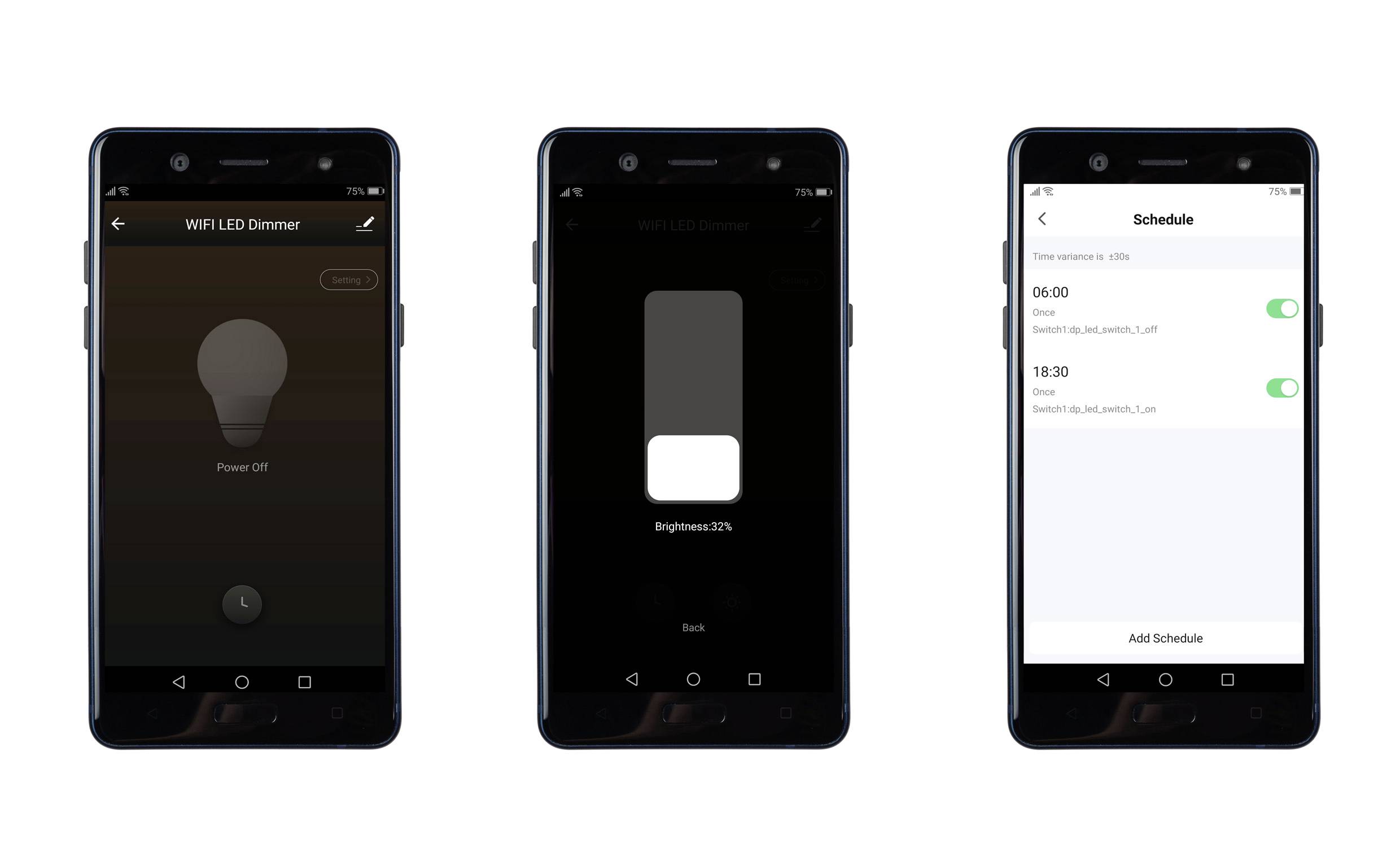 Three smartphone screens display an app for controlling a Wi-Fi LED dimmer: On/Off switch, brightness adjustment, and scheduling.