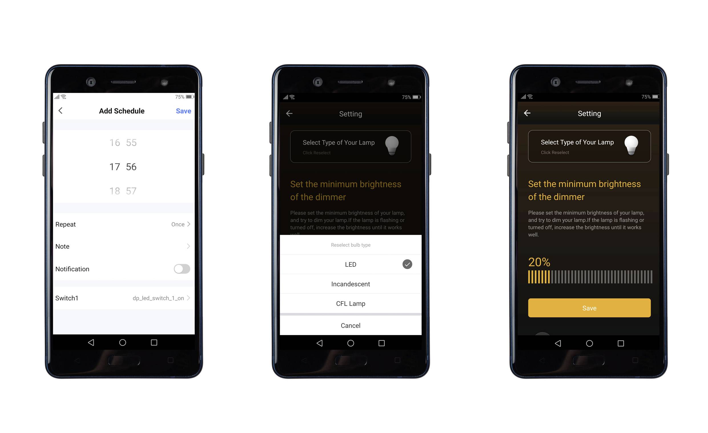 Three smartphone screens display an app interface: On the left, a schedule setting, in the centre, lamp selection, and on the right, dimmer brightness at 20%.