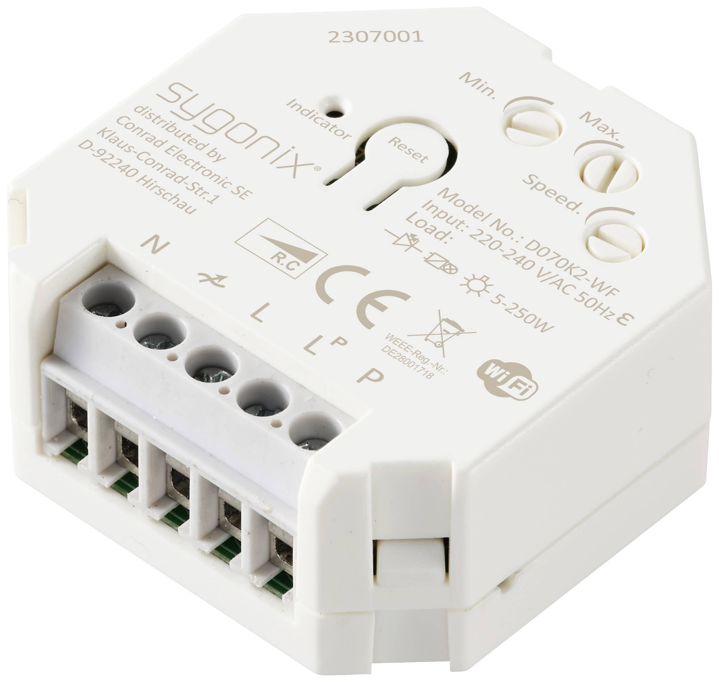 A white, hexagonal electrical device with cable connections and control elements on the top surface. Labelled with "sygonix".