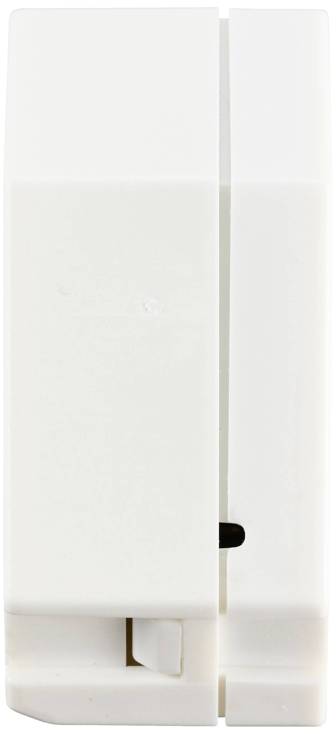 A white wall-mounted soap dispenser holder, vertically positioned, with a central recess for the dispenser.