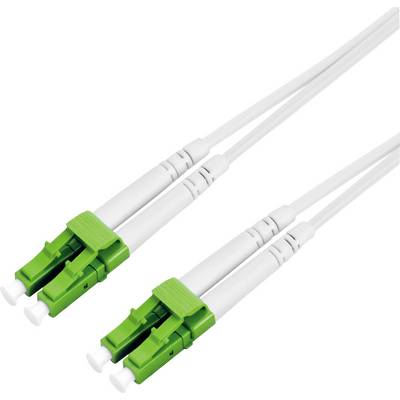 Two white fibre optic cables with green connectors, lying side by side, on a white background.