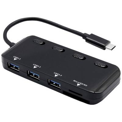 USB hub with four USB 3.0 ports and a MicroSD/SD card reader, connected via USB-C cable. Black casing.