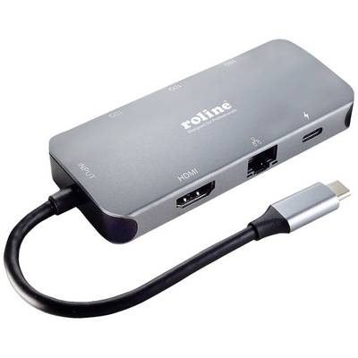 A grey USB-C hub with ports for HDMI, USB-A, Ethernet and Thunderbolt connections. Marked with 'roline'.