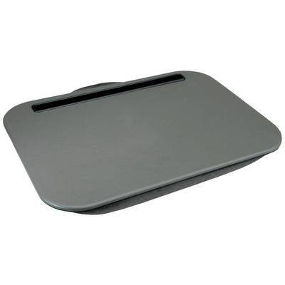 A rectangular, grey laptop cushion with vertical slits at the top to support devices.