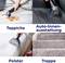 'Image shows four scenes: cleaning carpets with a vacuum cleaner for stains, car interior, upholstery, and cleaning stairs.'