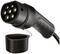 'Black plug of an electric vehicle charging cable with multiple contacts, with removable protective cap beside it. Suitable for electric vehicles.'