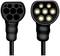 'Type 1' and 'Type 2' electric vehicle charging connectors. On the left with five round holes ('Type 1'), on the right with seven contacts ('Type 2').