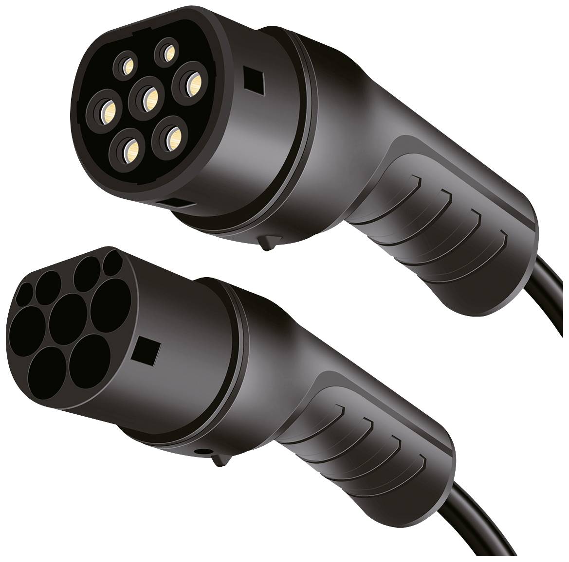 Two black charging plugs for electric vehicles, one shown from above and one from below, with six round connectors at the ends.
