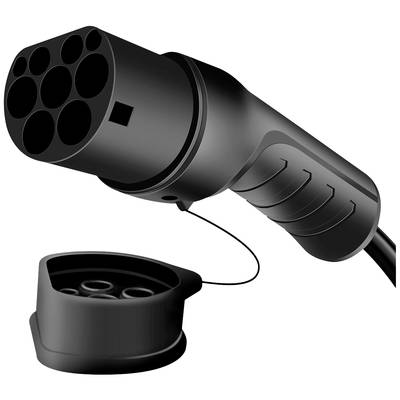 A black electric vehicle charging plug with a removable protective cover. The plug has multiple connectors for charging.