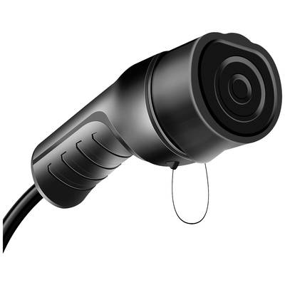 Wired camera in a black housing, shown from the side, with a textured grip and rounded lens.