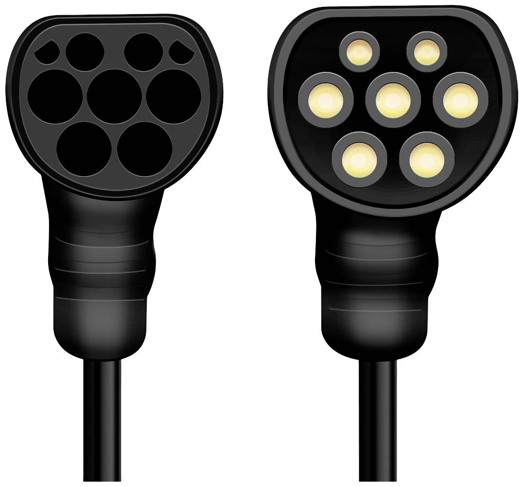 Two electric vehicle charging plugs in close-up. On the left without contacts, on the right with illuminated contacts.