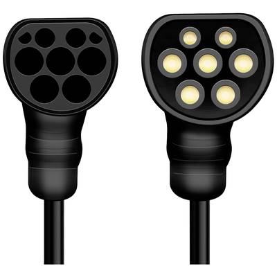 Two electric vehicle charging plugs in close-up. On the left without contacts, on the right with illuminated contacts.