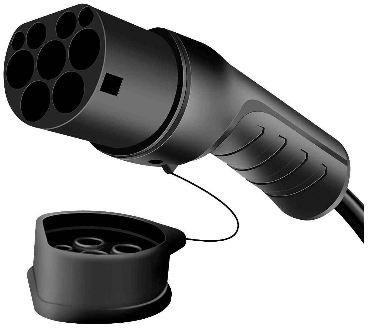 A black electric vehicle charging plug, shown with multiple socket connections and a removable protective cap.