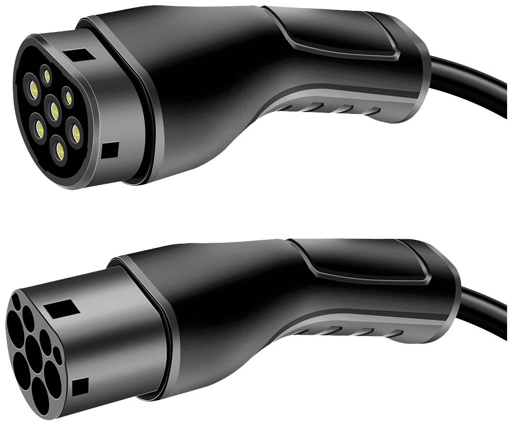 Two black electric vehicle charging plugs, one shown from above and one from below, with different connectors.