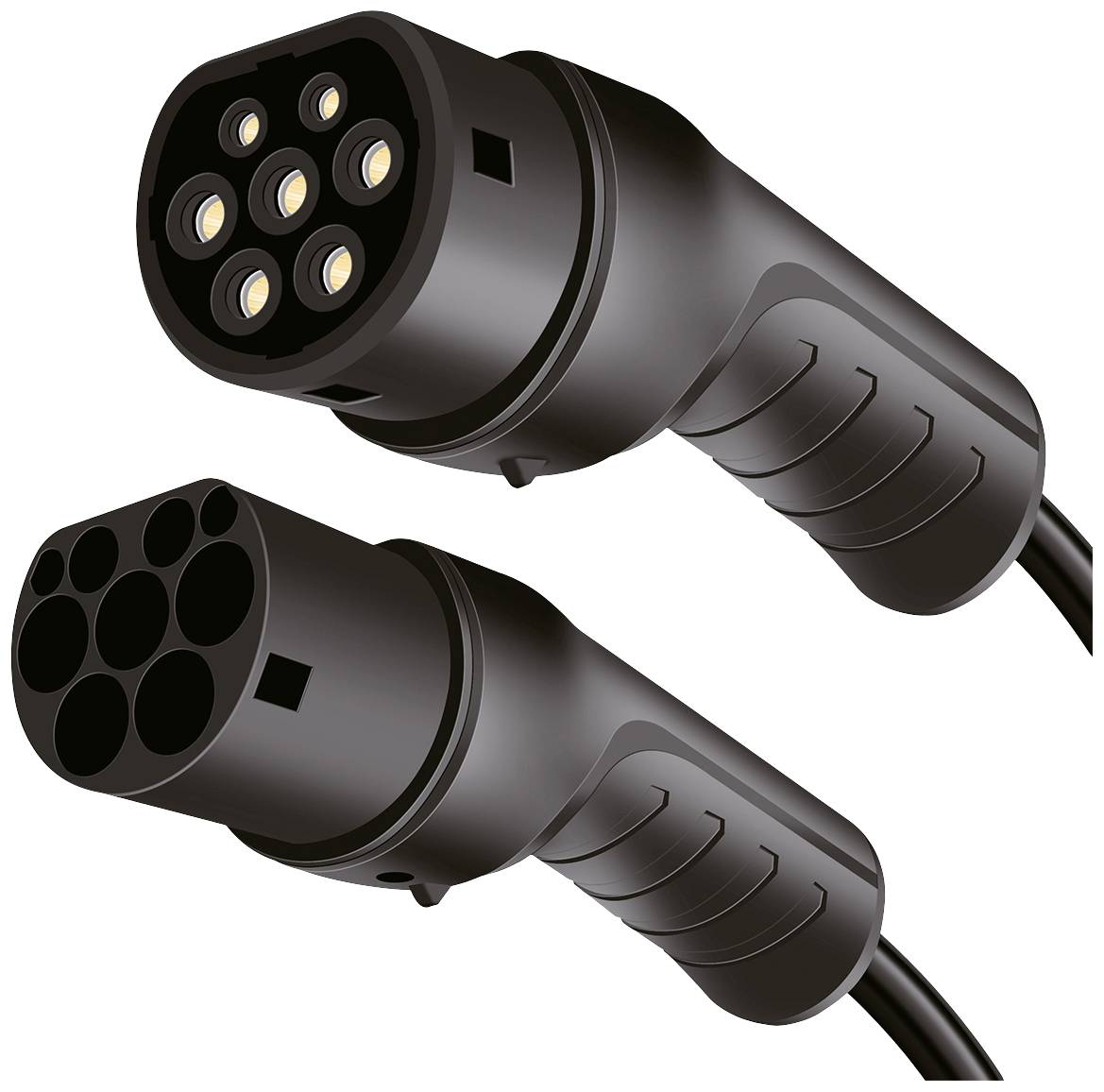 Two black electric car charging plugs, one with round pins, the other with round sockets, against a white background.