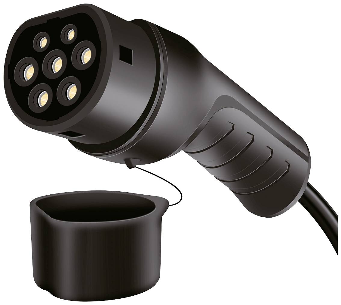 Black Type-2 electric vehicle charging plug with five round contact points and a handle, connected to a removable protective cover.