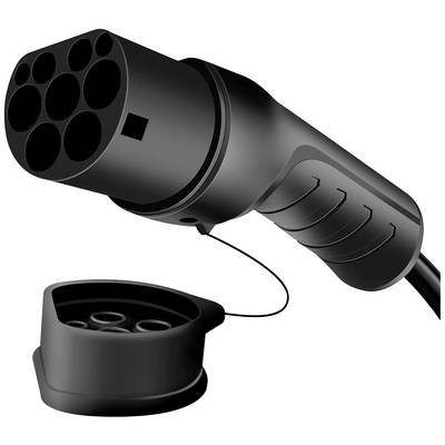 Plug of an electric vehicle, with multiple connection openings, lies next to its protective cap.