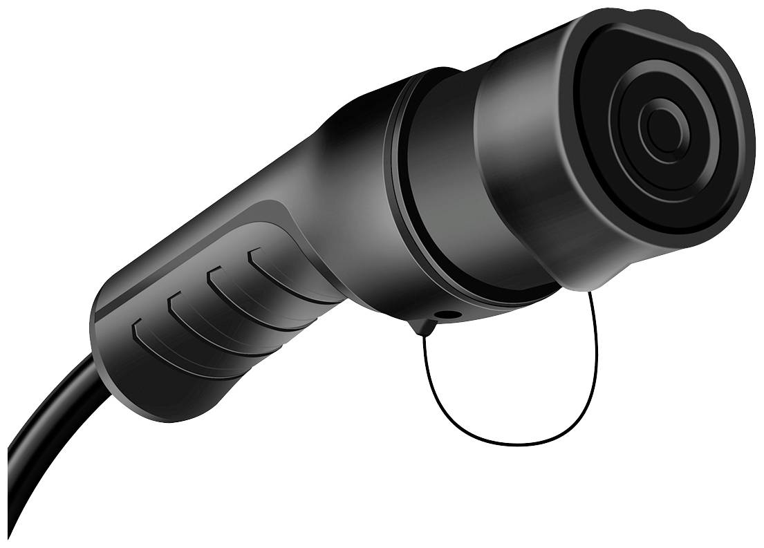 A black cylinder with a cable, possibly a camera or a sensor, focusing at the front with a small lens.