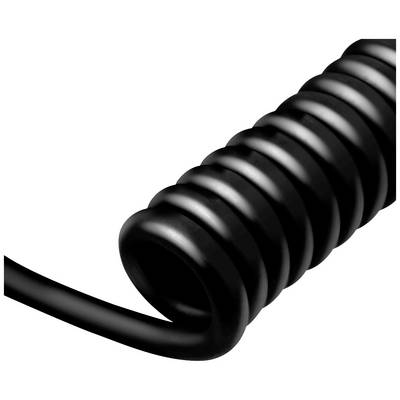 Black, spiral-shaped cable, tightly coiled, demonstrates elastic and stretchable design.