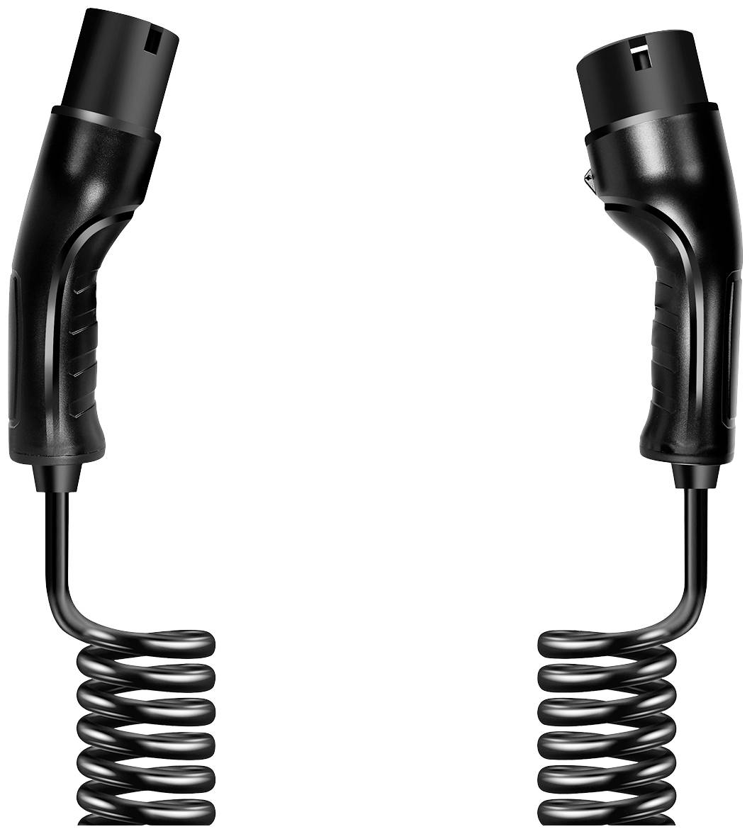 Two black, twisted cables with identical plugs at both ends, symmetrically arranged.