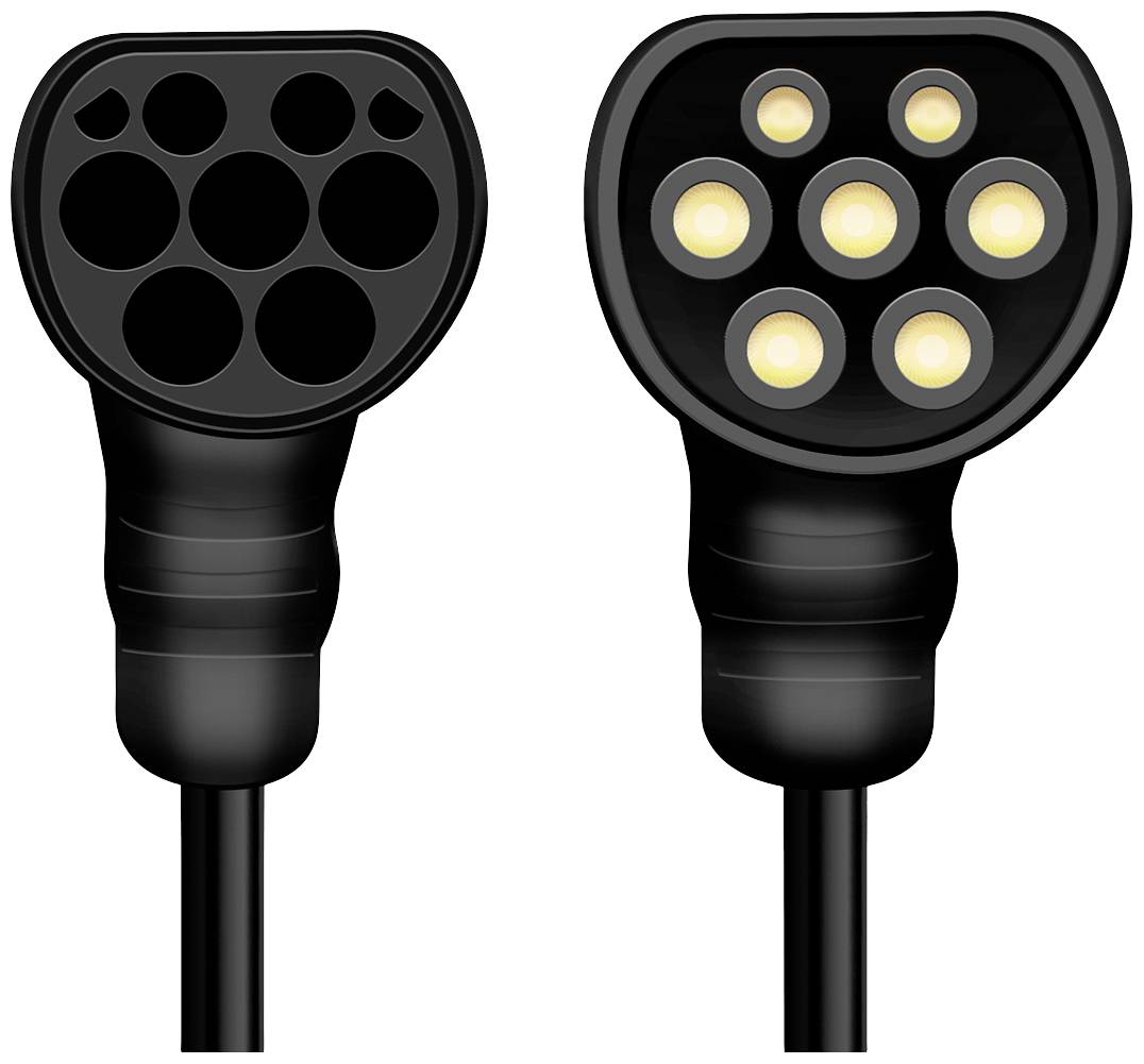 Two charging cables for electric vehicles: On the left, Type 1 with five circular connectors, on the right, Type 2 with seven circular connectors.