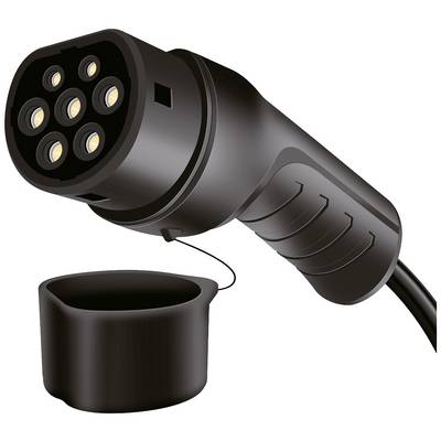 A dark, six-pin plug for electric vehicles with a removable protective cap. Main connections are visible.