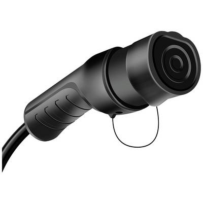 A black, cylindrical motorcycle camera with cable and mounting loop, suitable for helmet or vehicle mounting.