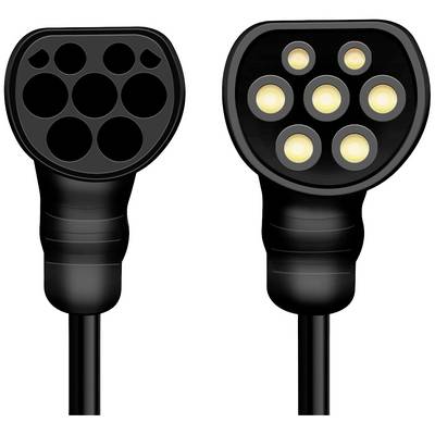 Two black electric vehicle charging plugs: left without power, right illuminated, used for charging electric vehicles.