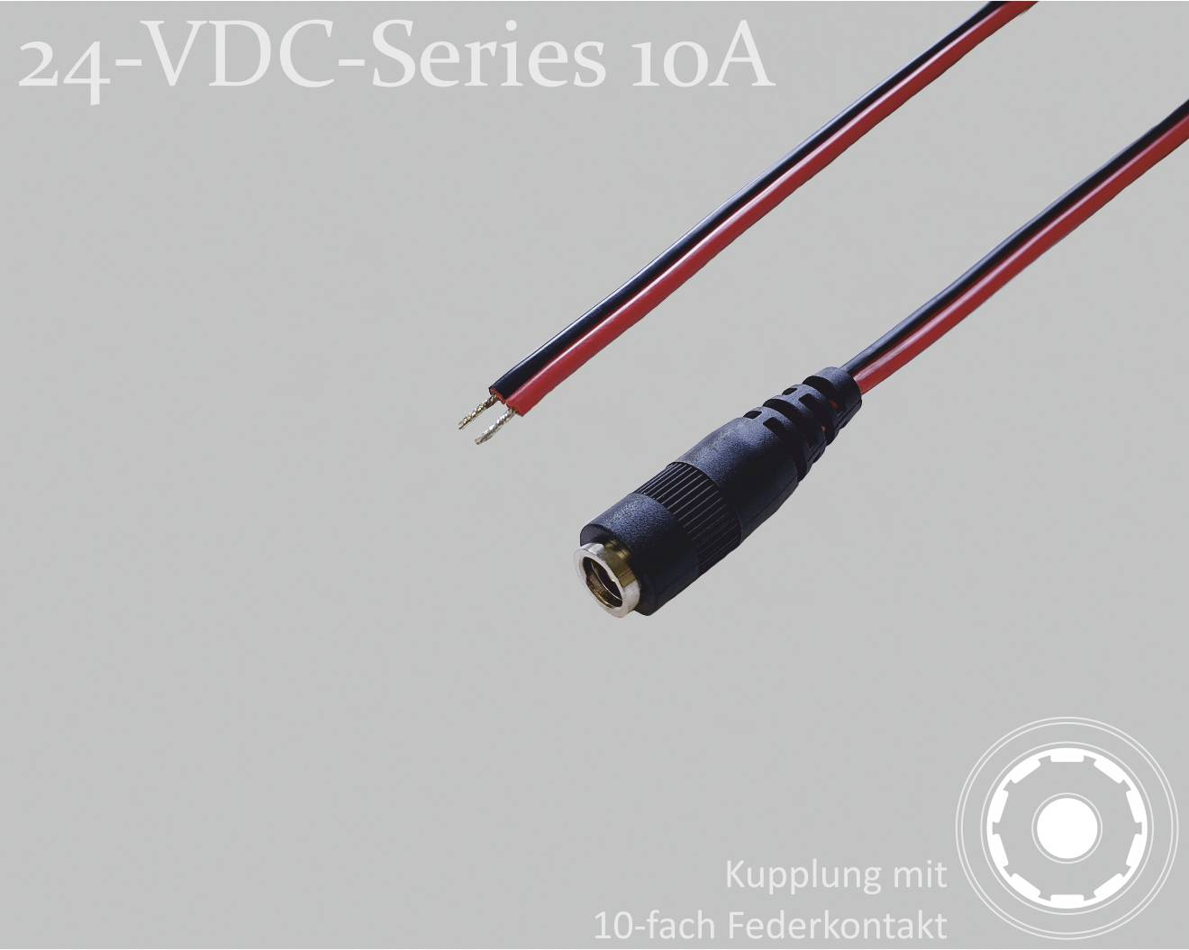 '24-VDC-Series 10A' describes a black and red cable with a spring plug and a coupling. Text: 'Coupling with 10-fold spring contact'.