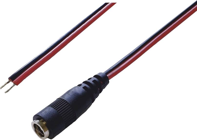 An audio cable with a black jack plug and two stripped red and black wires at the other end.