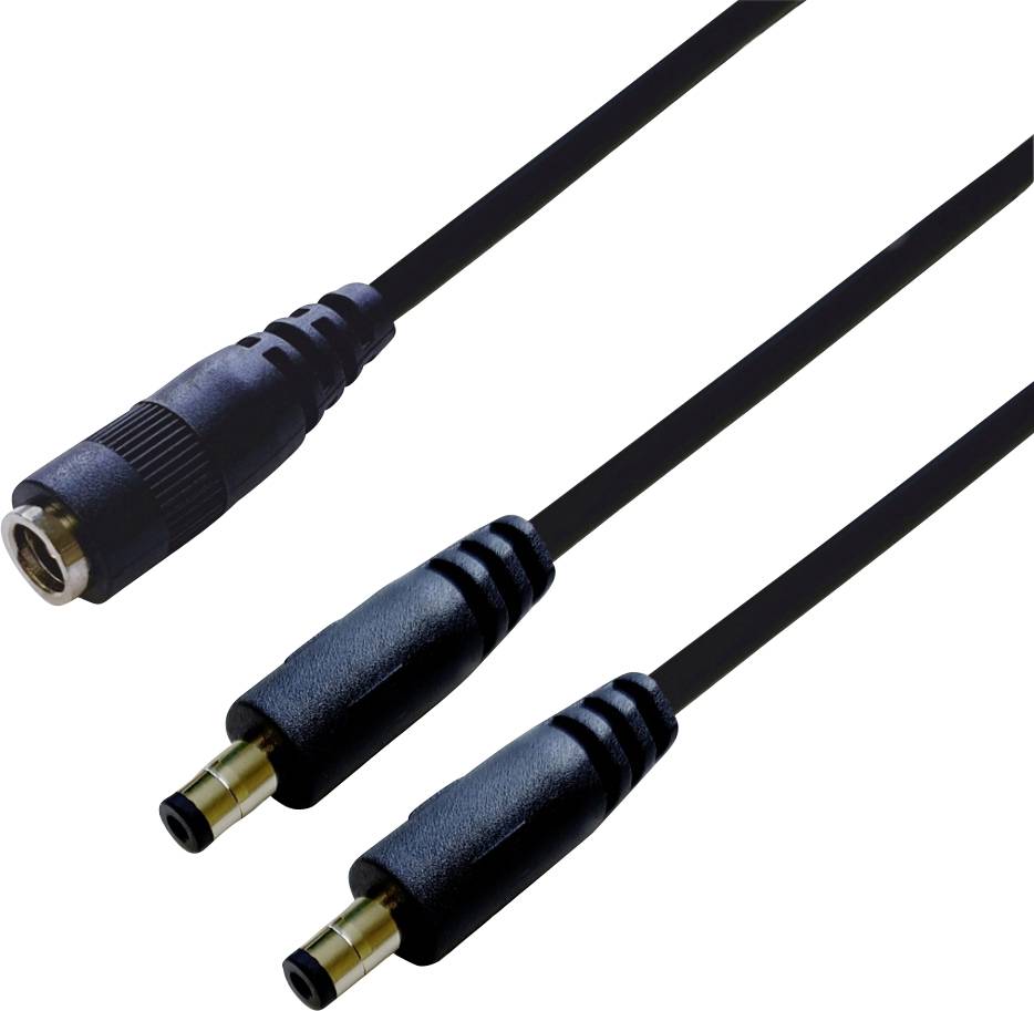 'Audio cable splitter': A single black cable with one female jack and two male plugs, used for connecting audio devices to multiple outputs.