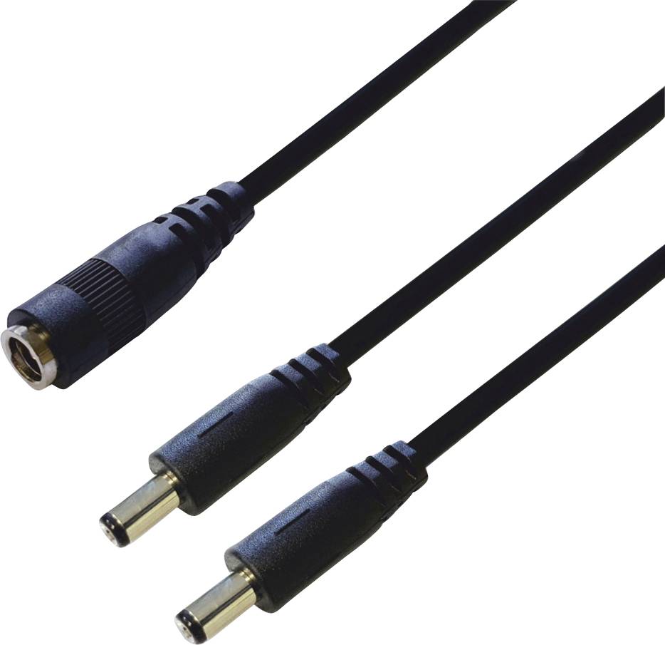 A black DC power splitter cable with one female connector on one end and two male connectors on the other end.