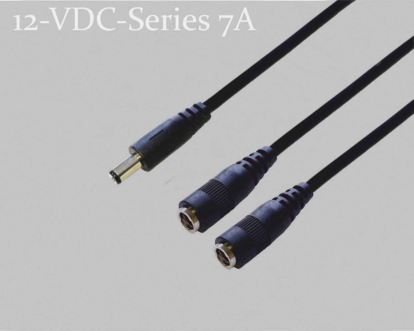 '12-VDC-Series 7A' Cable Splitter with two male and one female connector. Used for power supply and connections.