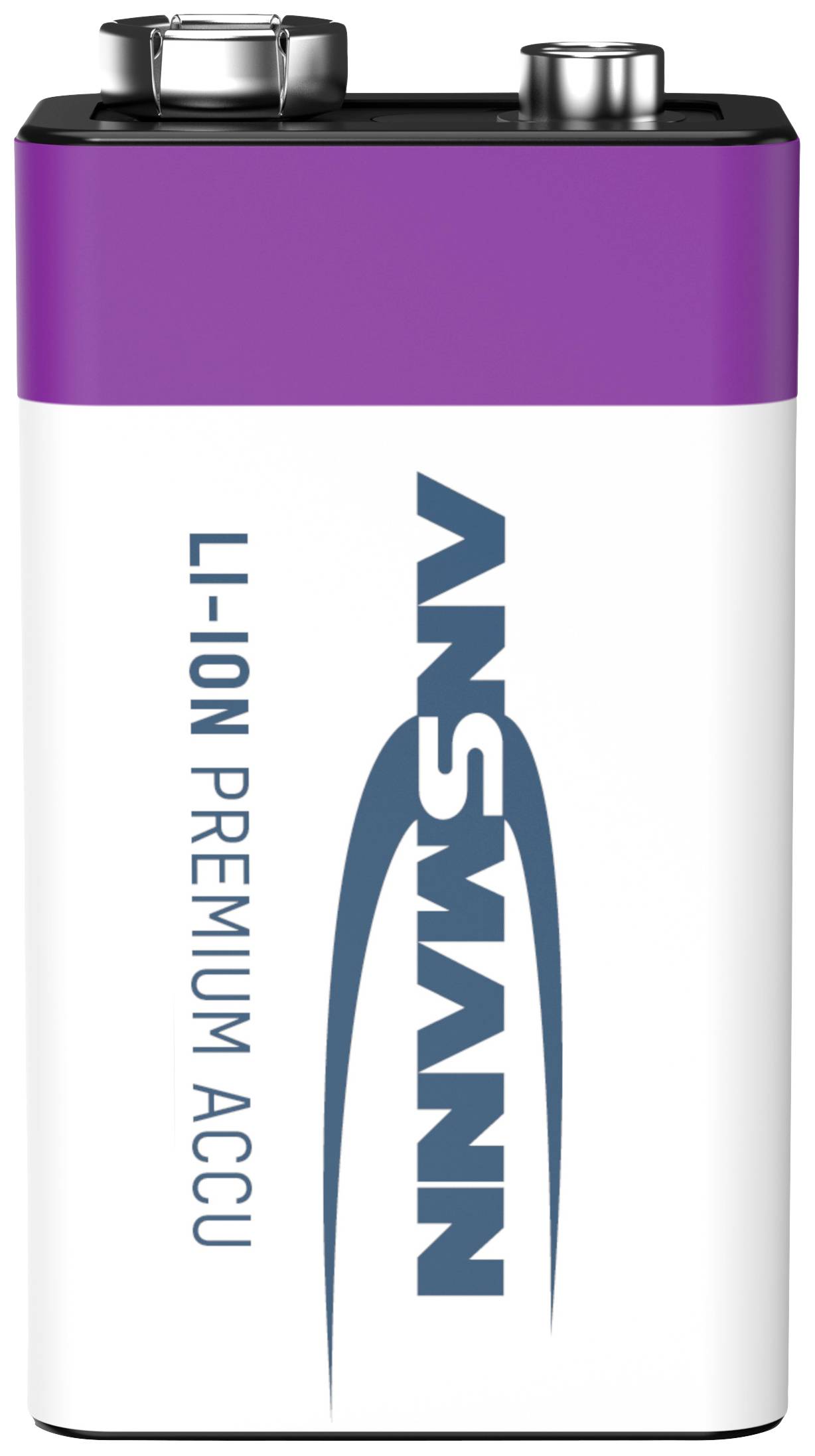 A white 9V battery with a purple top and blue lettering 'LI-ION Premium Accu', with the brand name positioned centrally.