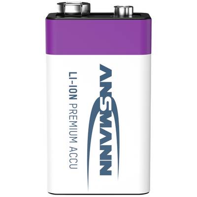 A white 9V battery with a purple top and blue lettering 'LI-ION Premium Accu', with the brand name positioned centrally.