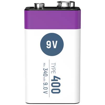 A rectangular 9V battery block in white and purple design. Inscription: '9V', 'TYPE 400', 'Min 340 mAh, 9.0V'.