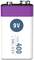 A rectangular 9V battery block in white and purple design. Inscription: '9V', 'TYPE 400', 'Min 340 mAh, 9.0V'.