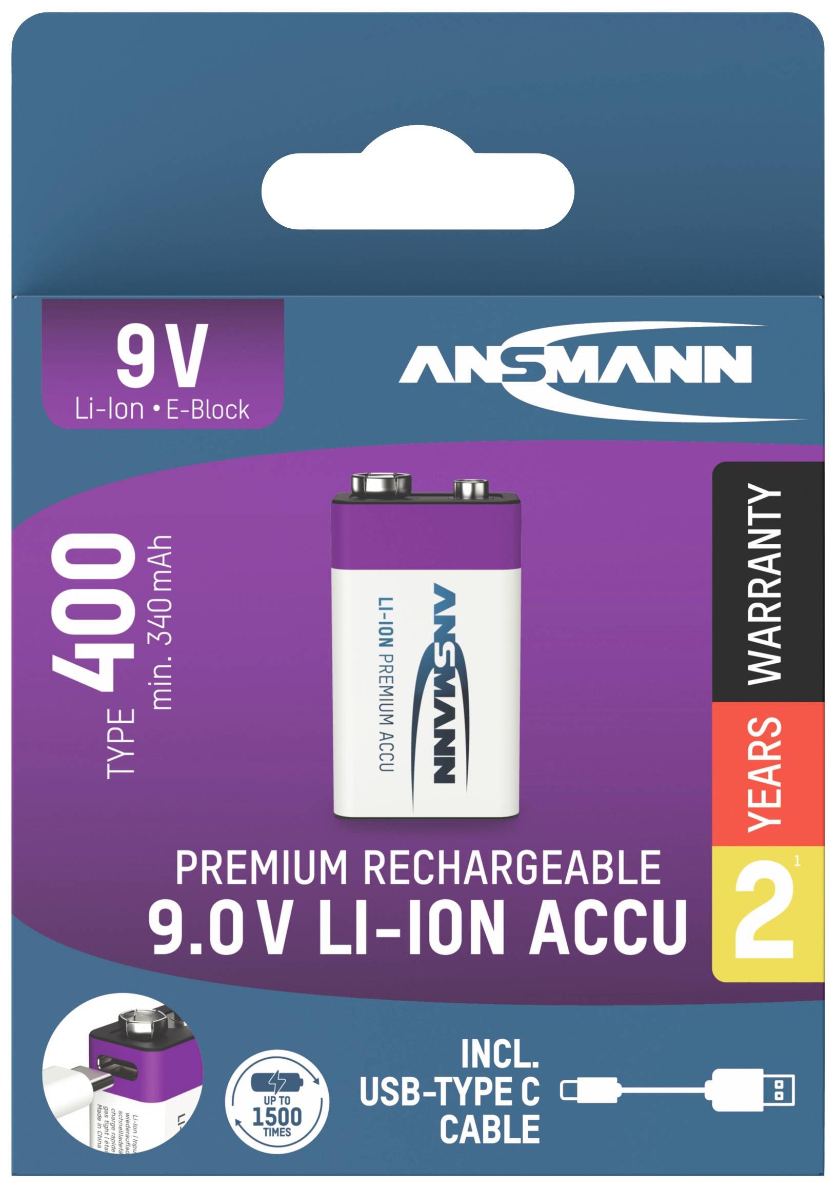 9V rechargeable Li-Ion battery by Ansmann, Type 400, with 2 years' warranty. Includes USB Type-C cable. Suitable for E-block.