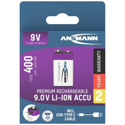 9V rechargeable Li-Ion battery by Ansmann, Type 400, with 2 years' warranty. Includes USB Type-C cable. Suitable for E-block.