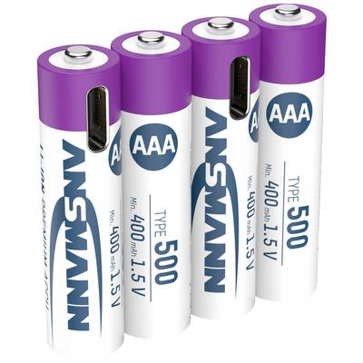 Four purple AAA batteries by Ansmann, model 500, with a voltage of 1.5 V and a capacity of 400 mAh.