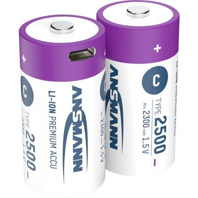 Two purple-white C-type batteries with 'ANSMANN' printed on them, 2500 mAh and 1.5 V.